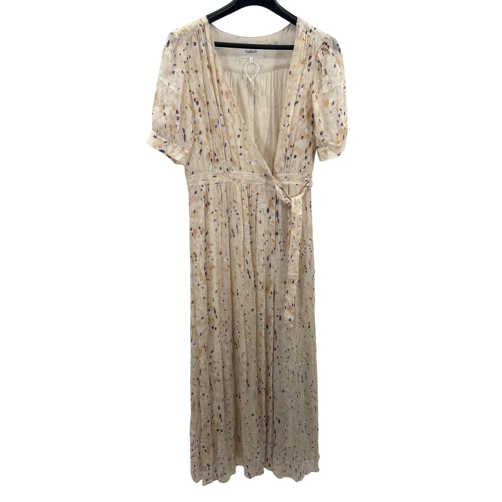 ba&sh Beige Abstract Wrap Bohemian Short Sleeve V-Neck Tie Maxi‎ Dress Womens 2